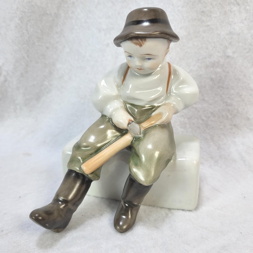 Zsolnay Country Farm Boy Carving Whittling Stick Hungary Porcelain Figurine‎